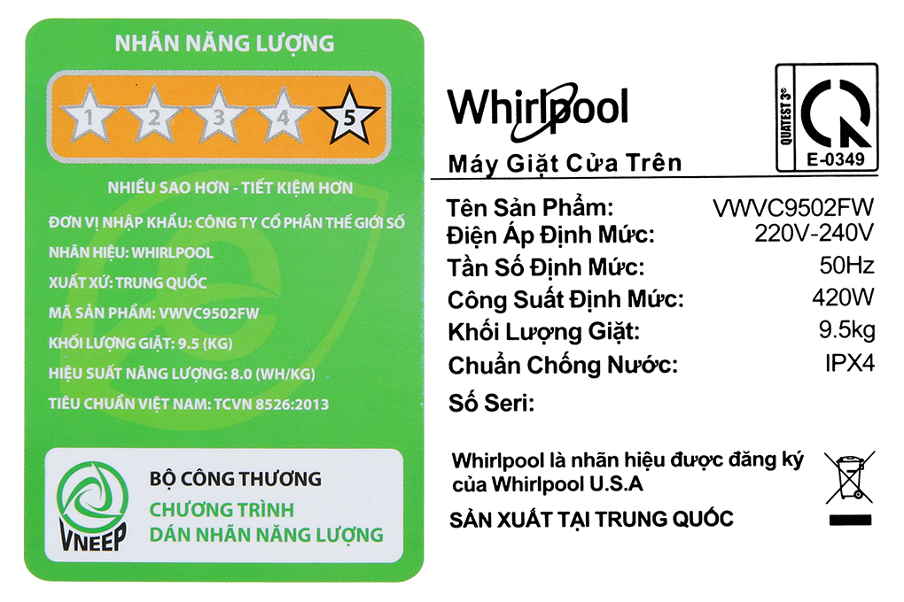 Máy giặt Whirlpool 9.5 kg VWVC9502FW