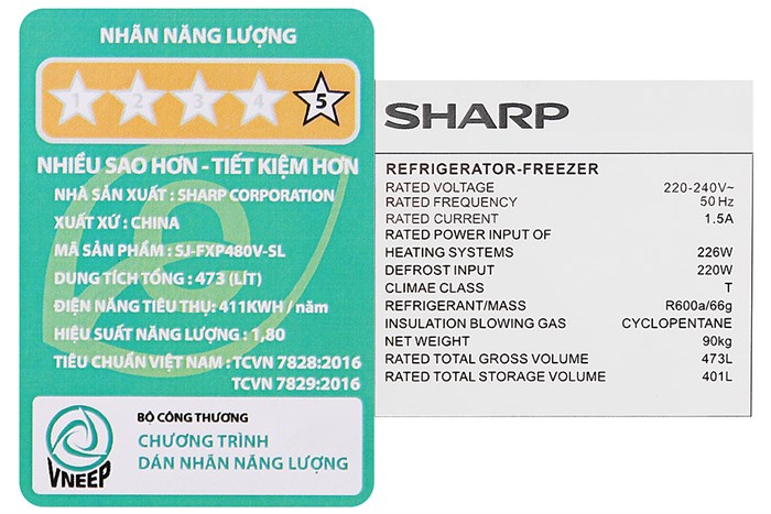 Tủ lạnh Sharp Inverter 401 lít SJ-FXP480V-SL