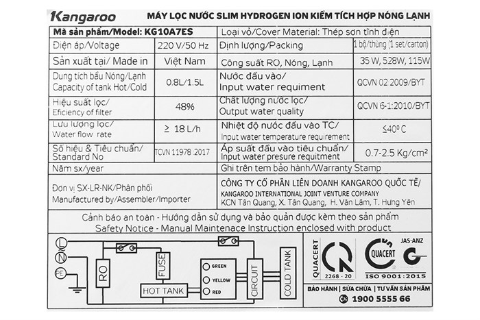 Máy lọc nước RO nóng nguội lạnh Hydrogen Kangaroo KG10A7ES 5 lõi