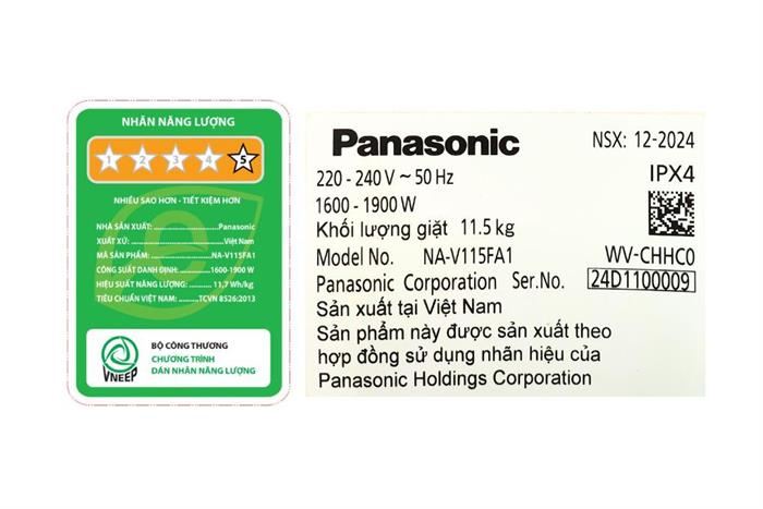 Máy giặt Panasonic Inverter 11.5 kg NA-V115FA1LV Model 2025