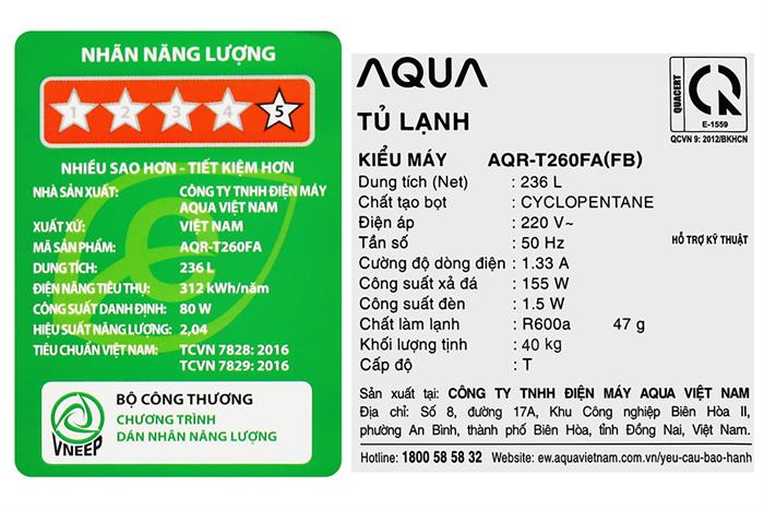 Tủ lạnh Aqua Inverter 236 lít AQR-T260FA(FB) MODEL 2024