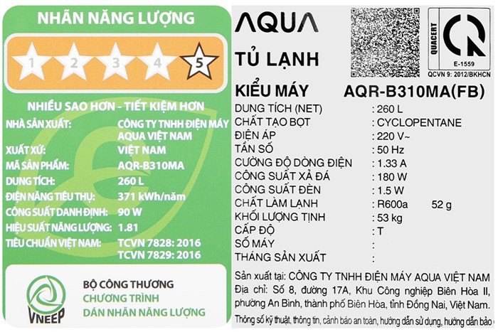 Tủ lạnh Aqua Inverter 260 lít AQR-B310MA(FB) MODEL 2023