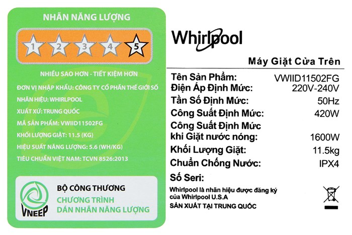 Máy giặt Whirlpool Inverter 11.5 kg VWIID11502FG