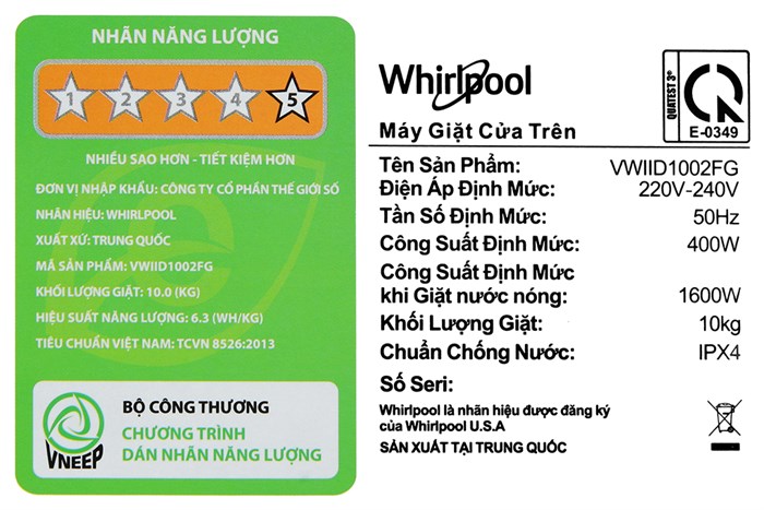 Máy giặt Whirlpool Inverter 10 kg VWIID1002FG