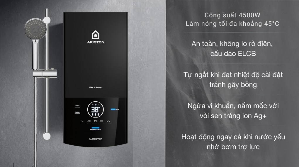 Bình nóng lạnh trực tiếp Ariston 4500W AURES TOP 4.5P