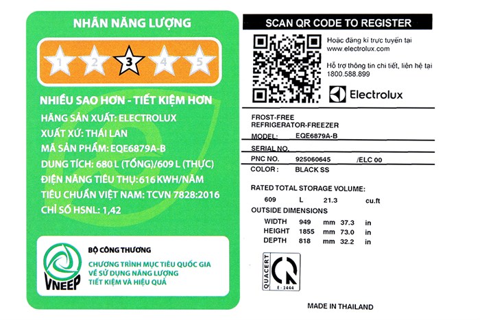 Tủ lạnh Electrolux Inverter 4 cửa 609L EQE6879A-B
