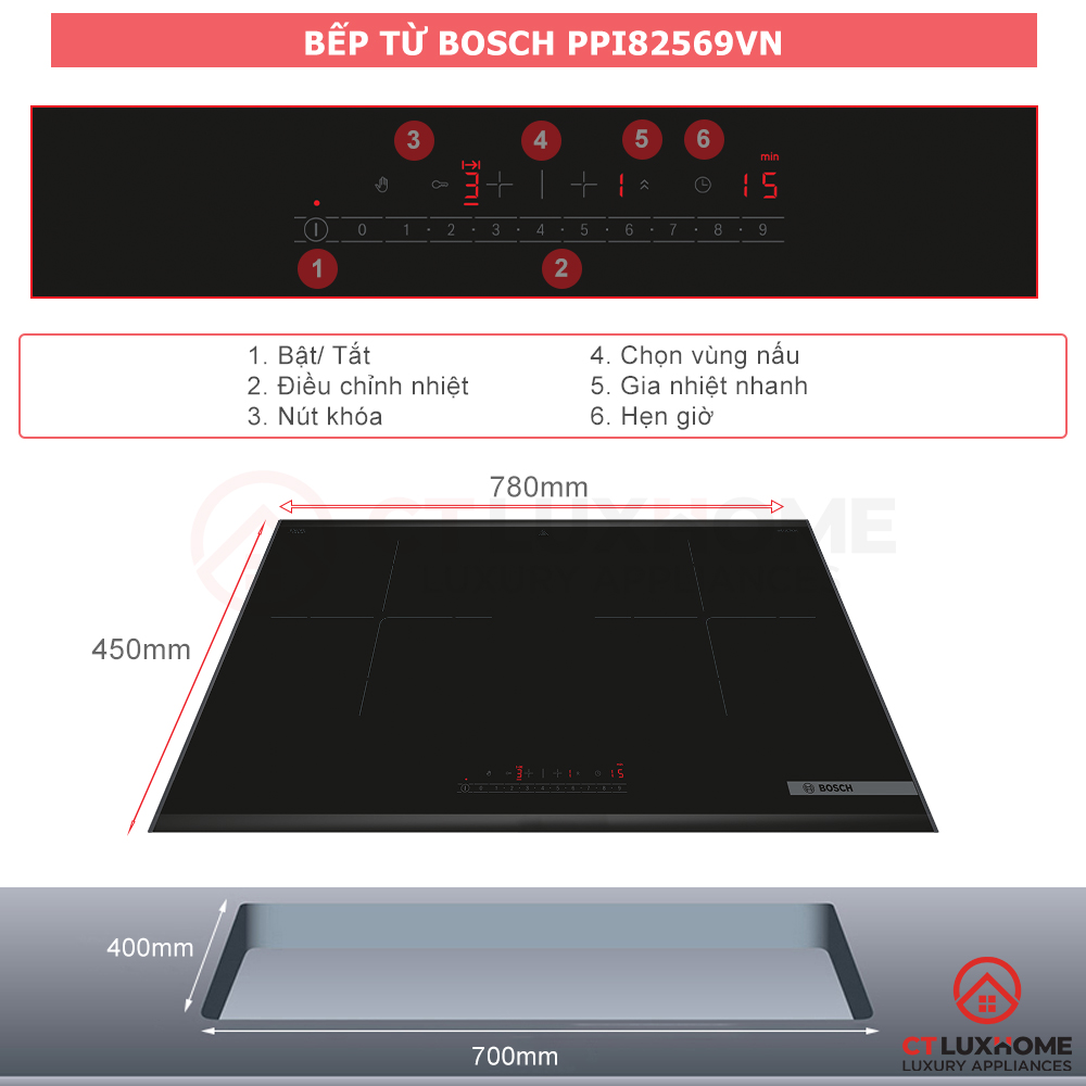 Bếp từ âm Bosch 3500W PPI82569VN Series 6