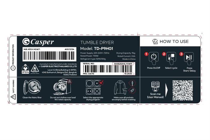 Máy sấy bơm nhiệt Casper 9 kg TD-P9HG1 Model 2025