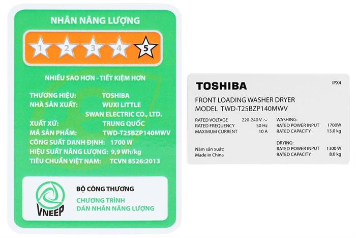 Máy giặt sấy Toshiba Inverter giặt 13 kg - sấy 8 kg TWD-T25BZP140MWV(MG)