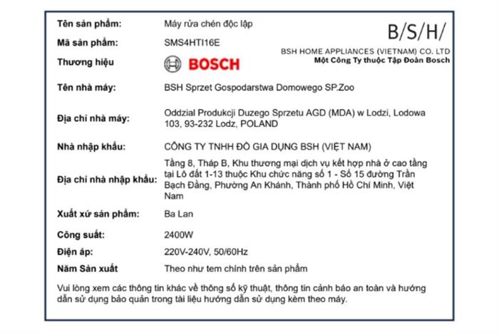 Máy rửa bát độc lập Bosch SMS4HTI16E Model 2026